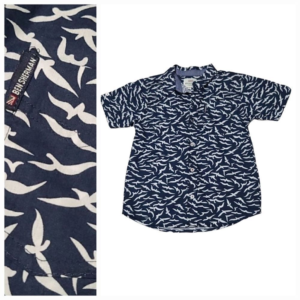 BEN SHERMAN Boys Navy Blue Bird Print Casual Button-Down Shirt Size 6 Nautical
